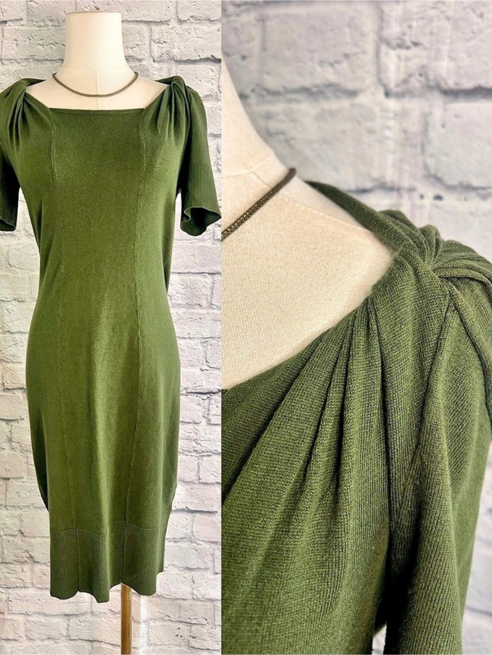 Banana Republic Fall Midi Knit Dress Olive Green Cotton Silk Bodycon Fitted